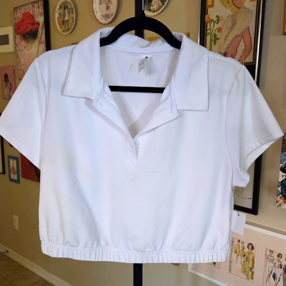 YOGALICIOUS Seaport Johnny Collar Crop Polo In White NEW‎